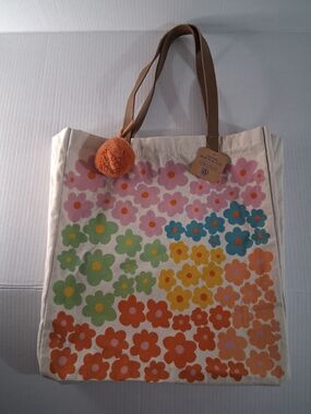 Eccolo Floral Canvas Tote with Pom Pom - Orange, Pink, Green, Blue, Yellow